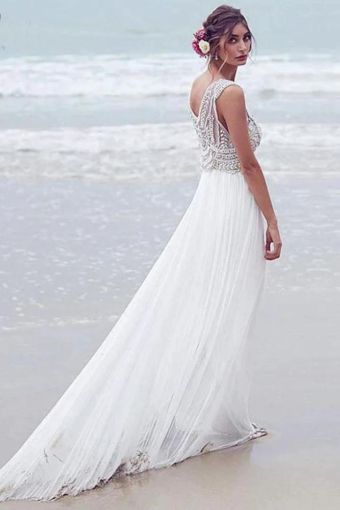 Beach Wedding Dresses A-line V-neck Short Train Sexy Bridal Gown WD526 by pgmdress