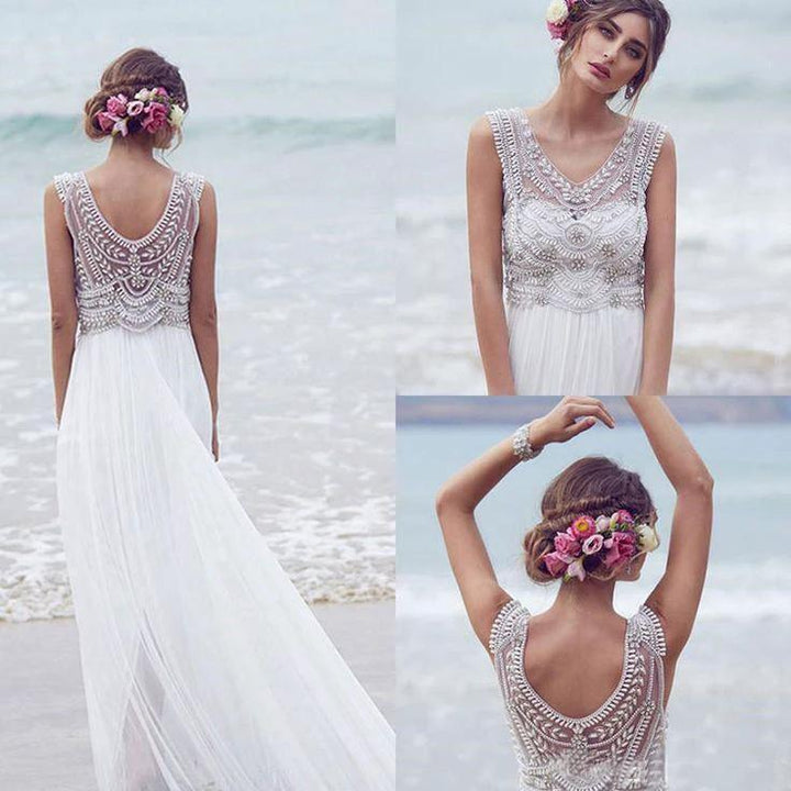 Beach Wedding Dresses A-line V-neck Short Train Sexy Bridal Gown WD526 by pgmdress