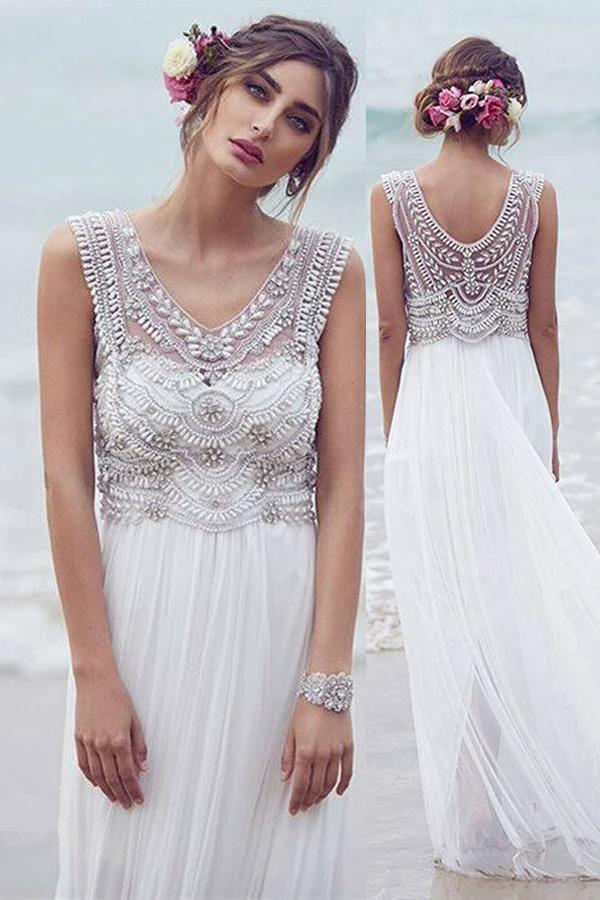 Beach Wedding Dresses A-line V-neck Short Train Sexy Bridal Gown WD526 by pgmdress