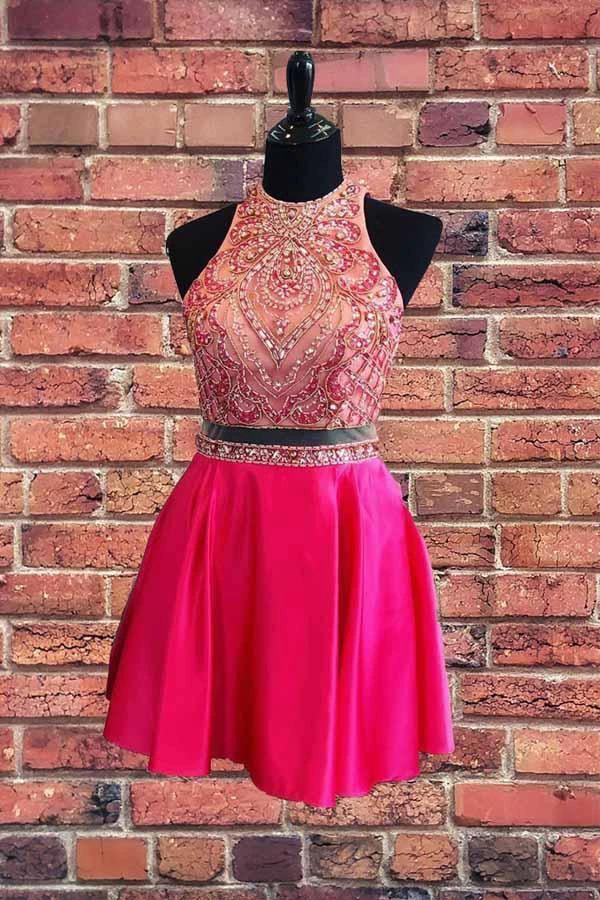 Beaded Two Piece Short Prom Dress Hot Pink Homecoming Dress PD337 by pgmdress