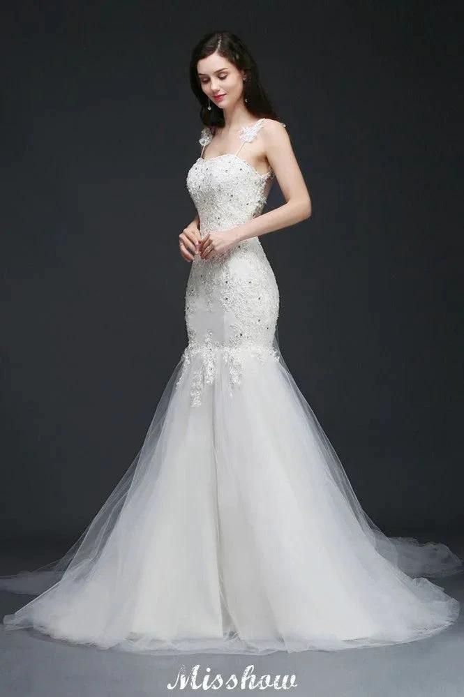 Beading Mermaid Spaghetti Strap Romantic Wedding Dress by misshow.com