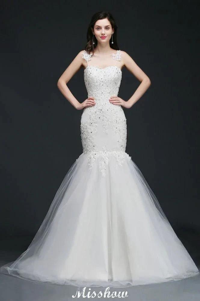 Beading Mermaid Spaghetti Strap Romantic Wedding Dress by misshow.com