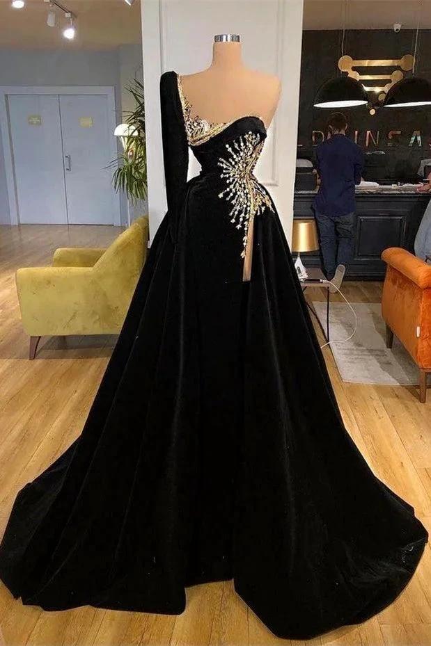 Beading Sweetheart A-line Black Prom Dress With One Sleeve by misshow.com