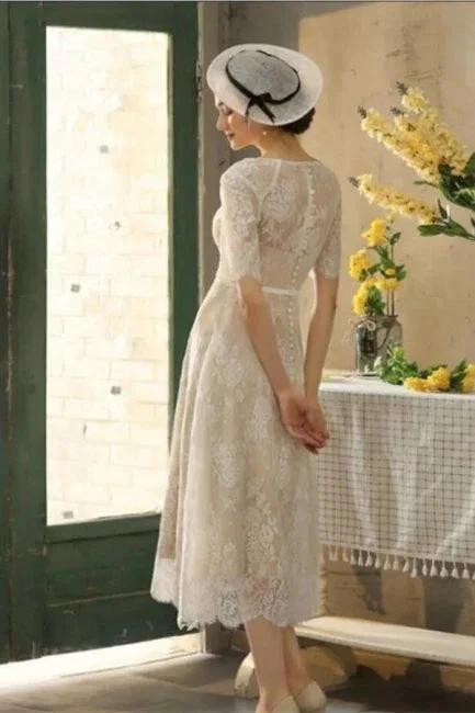 Beautiful A-line Lace Short Wedding Dresses With 3/4 Sleeves by misshow.com