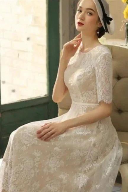 Beautiful A-line Lace Short Wedding Dresses With 3/4 Sleeves by misshow.com
