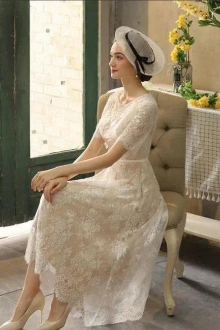Beautiful A-line Lace Short Wedding Dresses With 3/4 Sleeves by misshow.com