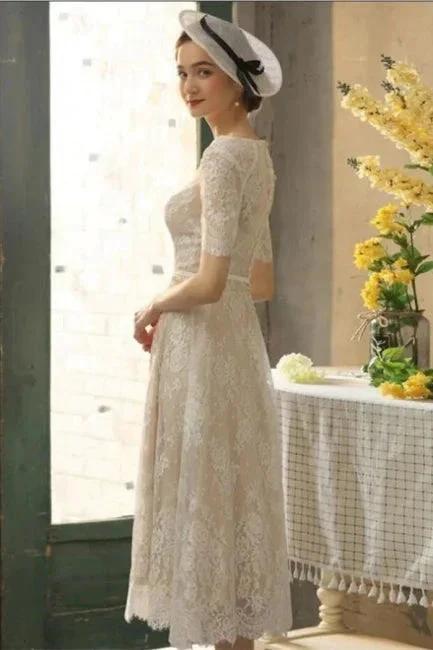 Beautiful A-line Lace Short Wedding Dresses With 3/4 Sleeves by misshow.com