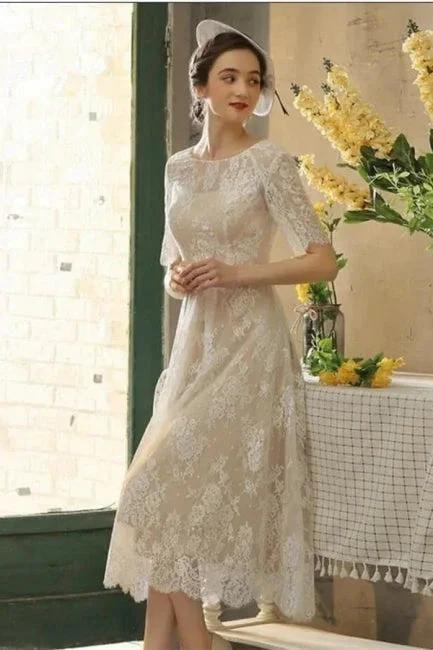 Beautiful A-line Lace Short Wedding Dresses With 3/4 Sleeves by misshow.com