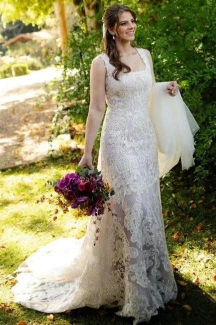 Beautiful A-Line Lace Square Sleeveless Ivory Long Wedding Dress With Appliques by misshow.com