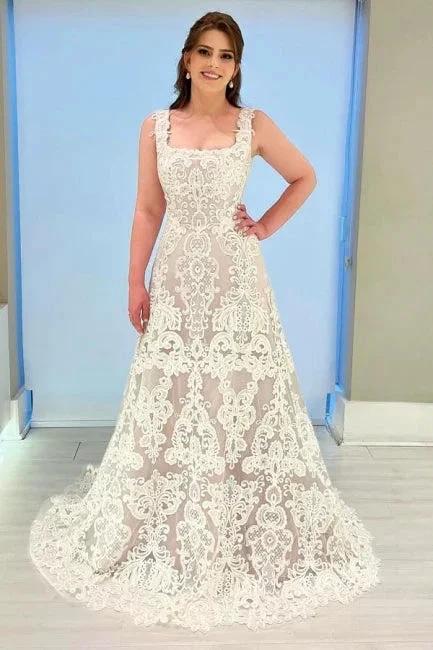 Beautiful A-Line Lace Square Sleeveless Ivory Long Wedding Dress With Appliques by misshow.com