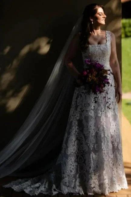 Beautiful A-Line Lace Square Sleeveless Ivory Long Wedding Dress With Appliques by misshow.com