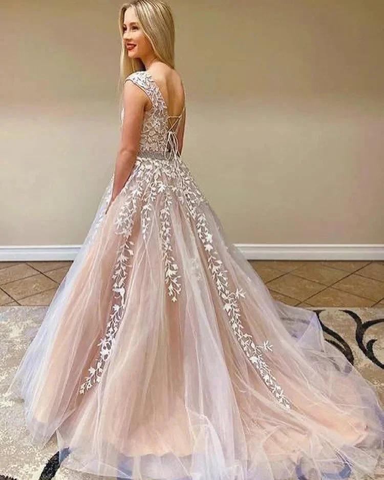 Beautiful A-Line Lace Tulle Backless Long Prom Dress by BIZTUNNEL