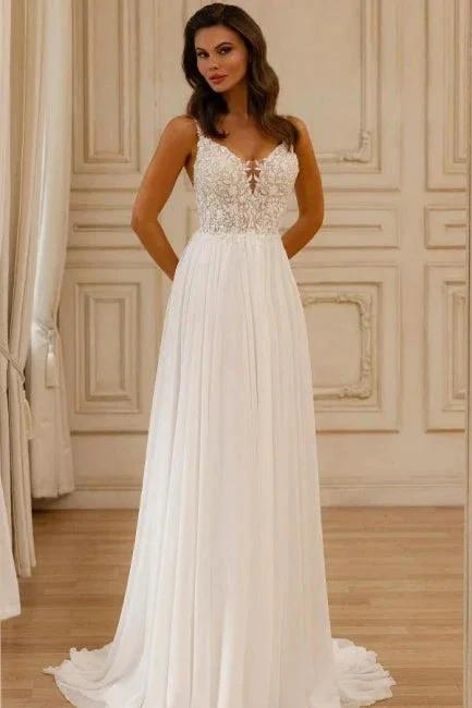 Beautiful A-Line Lace V-Neck Sleeveless White Wedding Dress With Appliques by misshow.com