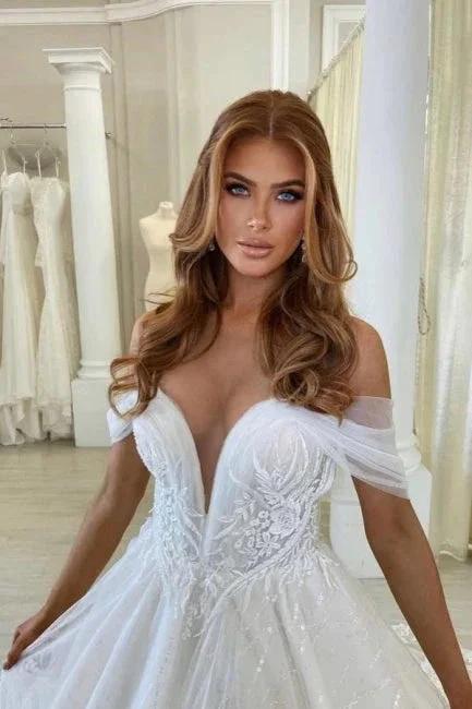 Beautiful A-Line Off-the-shoulder V-neck Wedding Dress With Lace by misshow.com