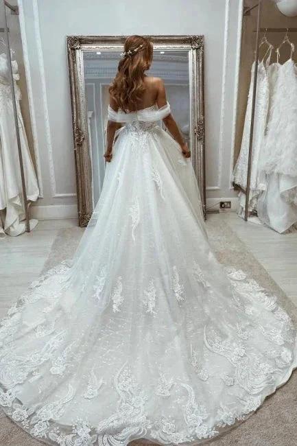 Beautiful A-Line Off-the-shoulder V-neck Wedding Dress With Lace by misshow.com