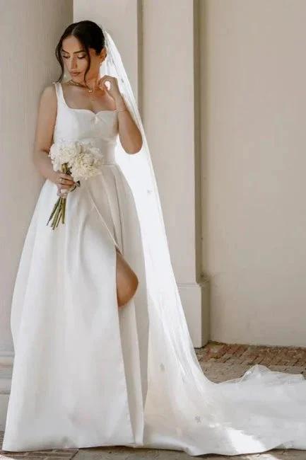 Beautiful A-Line Satin Off-The-Shoulder Sleeveless White Wedding Dresses With Split Front by misshow.com
