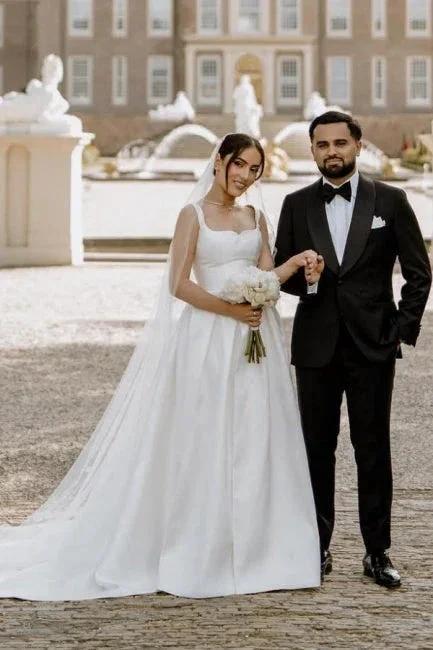 Beautiful A-Line Satin Off-The-Shoulder Sleeveless White Wedding Dresses With Split Front by misshow.com