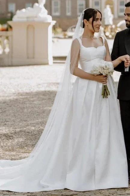 Beautiful A-Line Satin Off-The-Shoulder Sleeveless White Wedding Dresses With Split Front by misshow.com