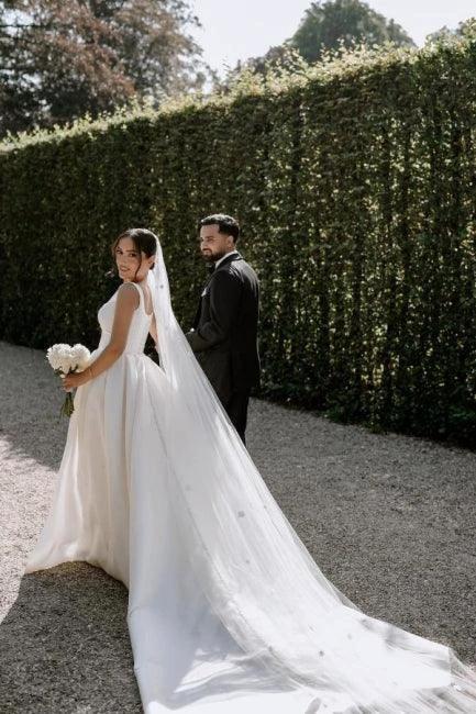 Beautiful A-Line Satin Off-The-Shoulder Sleeveless White Wedding Dresses With Split Front by misshow.com