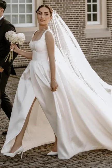 Beautiful A-Line Satin Off-The-Shoulder Sleeveless White Wedding Dresses With Split Front by misshow.com