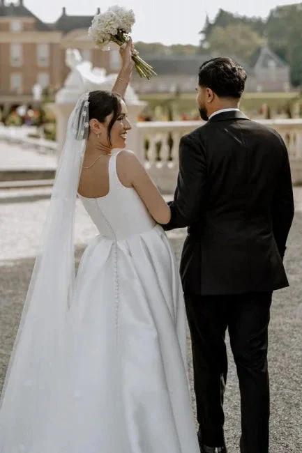Beautiful A-Line Satin Off-The-Shoulder Sleeveless White Wedding Dresses With Split Front by misshow.com