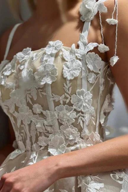 Beautiful A-Line Tulle Lace Spaghetti Straps Sleeveless Ivory Short Wedding Dress With Appliques by misshow.com