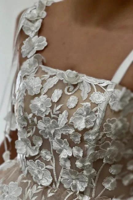 Beautiful A-Line Tulle Lace Spaghetti Straps Sleeveless Ivory Short Wedding Dress With Appliques by misshow.com