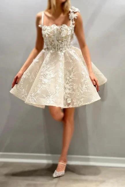 Beautiful A-Line Tulle Lace Spaghetti Straps Sleeveless Ivory Short Wedding Dress With Appliques by misshow.com