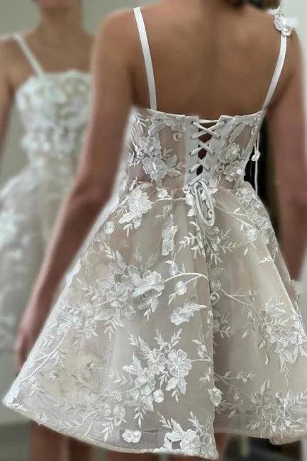 Beautiful A-Line Tulle Lace Spaghetti Straps Sleeveless Ivory Short Wedding Dress With Appliques by misshow.com