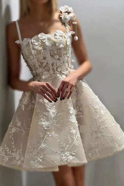 Beautiful A-Line Tulle Lace Spaghetti Straps Sleeveless Ivory Short Wedding Dress With Appliques by misshow.com