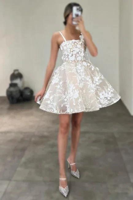 Beautiful A-Line Tulle Lace Spaghetti Straps Sleeveless Ivory Short Wedding Dress With Appliques by misshow.com