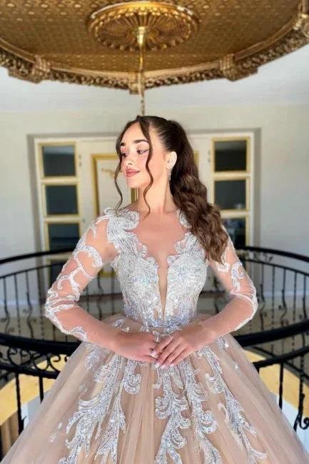 Beautiful A-Line Tulle Lace V-Neck Long Sleeve Long Wedding Dress With Appliques Ruffles by misshow.com