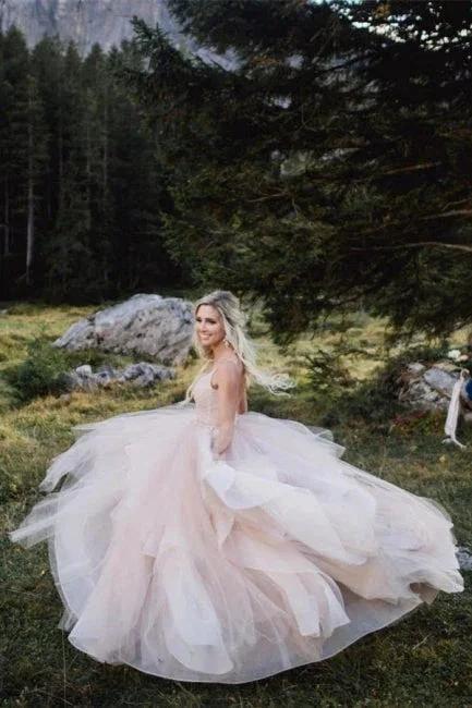 Beautiful A-line V-neck Backless Tulle Sleeveless Wedding Dresses by misshow.com