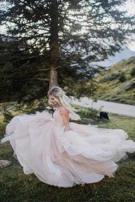 Beautiful A-line V-neck Backless Tulle Sleeveless Wedding Dresses by misshow.com