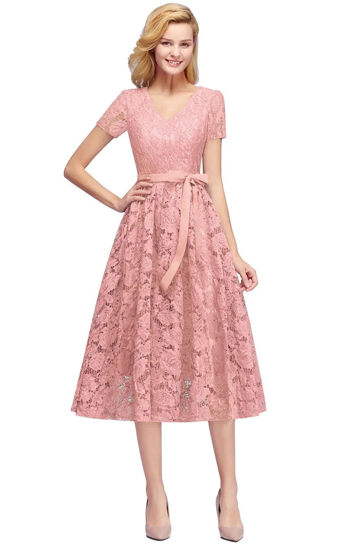 Beautiful A-Line V-Neck Short Sleeve Lace Short Bridesmaid Dresses by misshow.com