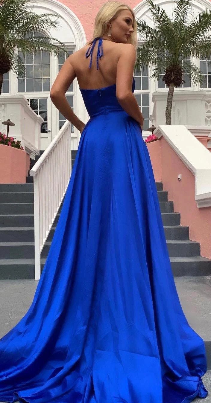 Beautiful A-line V-neck Stretch Satin Backless Long Prom Dress with Slit by BIZTUNNEL