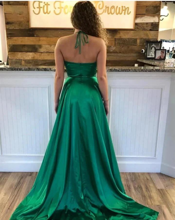 Beautiful A-line V-neck Stretch Satin Backless Long Prom Dress with Slit by BIZTUNNEL