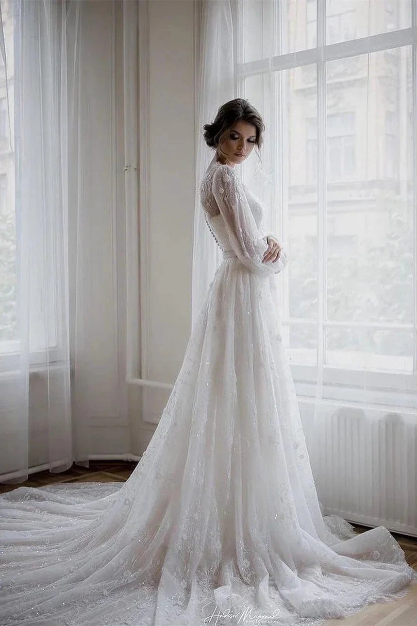 Beautiful A-line White Long Sleeves Lace Appliques Wedding Dress by misshow.com