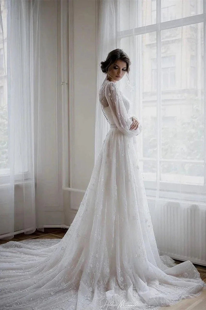 Beautiful A-line White Long Sleeves Lace Appliques Wedding Dress by misshow.com