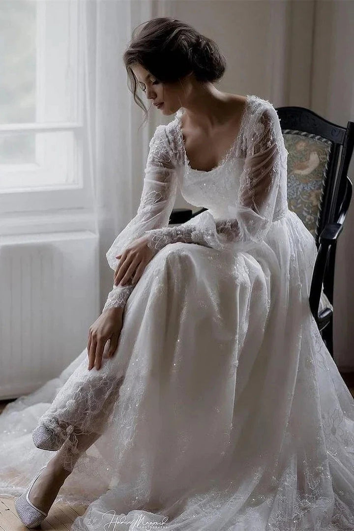 Beautiful A-line White Long Sleeves Lace Appliques Wedding Dress by misshow.com