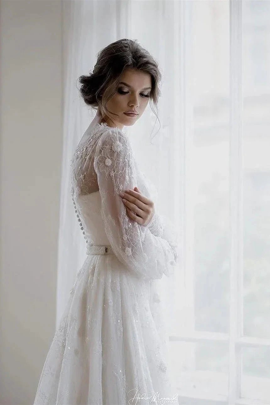 Beautiful A-line White Long Sleeves Lace Appliques Wedding Dress by misshow.com