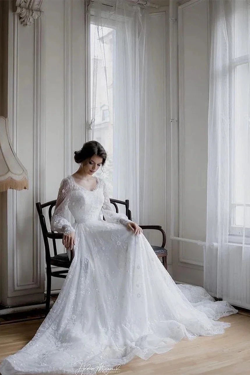 Beautiful A-line White Long Sleeves Lace Appliques Wedding Dress by misshow.com