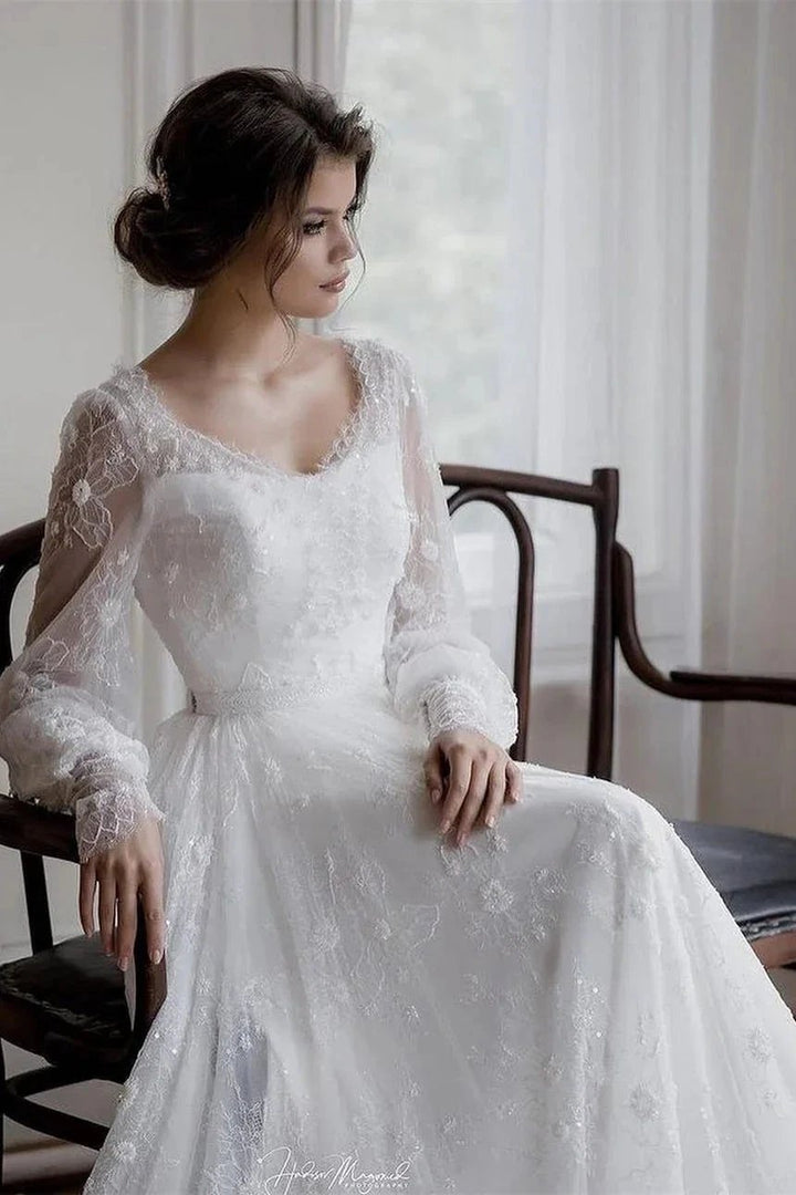 Beautiful A-line White Long Sleeves Lace Appliques Wedding Dress by misshow.com