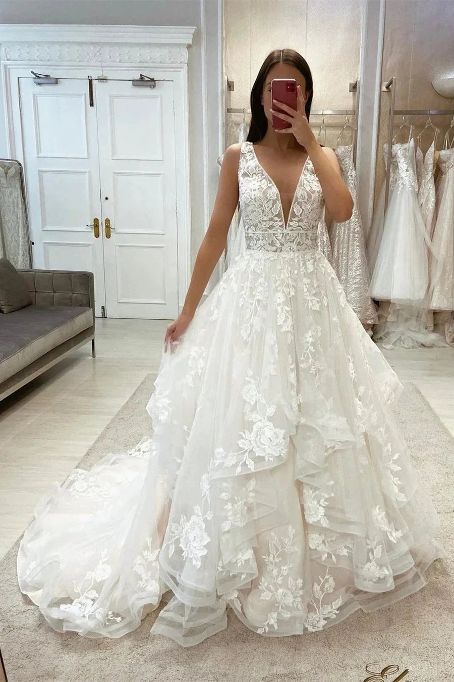 Beautiful A-line White V-neck Appliques Sleeveless Wedding Dress With Train by misshow.com