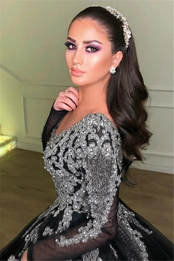 Beautiful Ball Gown V-neck Appliques Lace Long Prom Dress with Sleeves by BIZTUNNEL