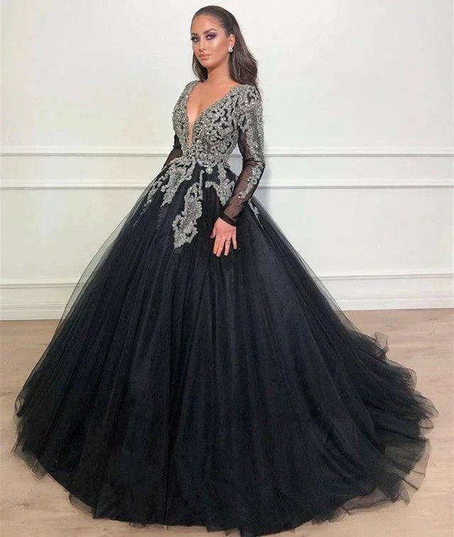 Beautiful Ball Gown V-neck Appliques Lace Long Prom Dress with Sleeves by BIZTUNNEL