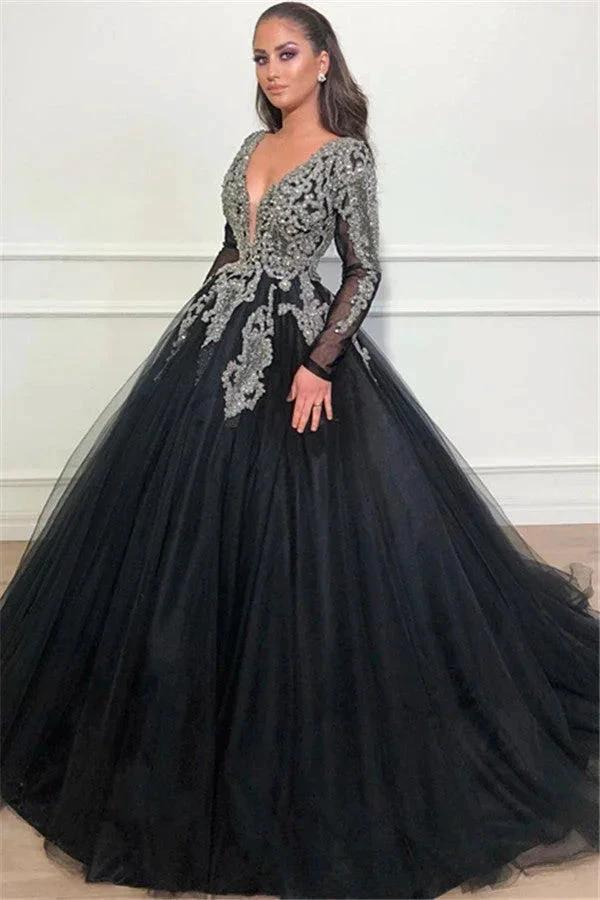 Beautiful Ball Gown V-neck Appliques Lace Long Prom Dress with Sleeves by BIZTUNNEL
