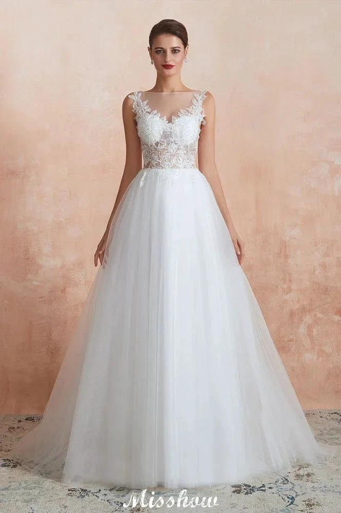 Beautiful Bateau Neck White Wedding Dress Sparkly Sequins Lace Bridal Gown by misshow.com