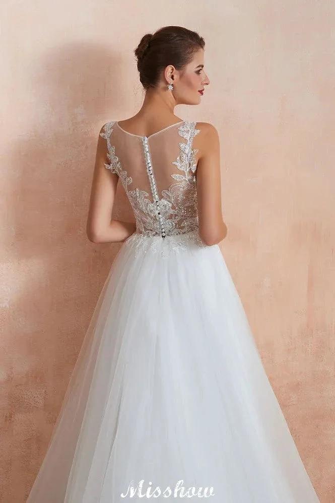 Beautiful Bateau Neck White Wedding Dress Sparkly Sequins Lace Bridal Gown by misshow.com