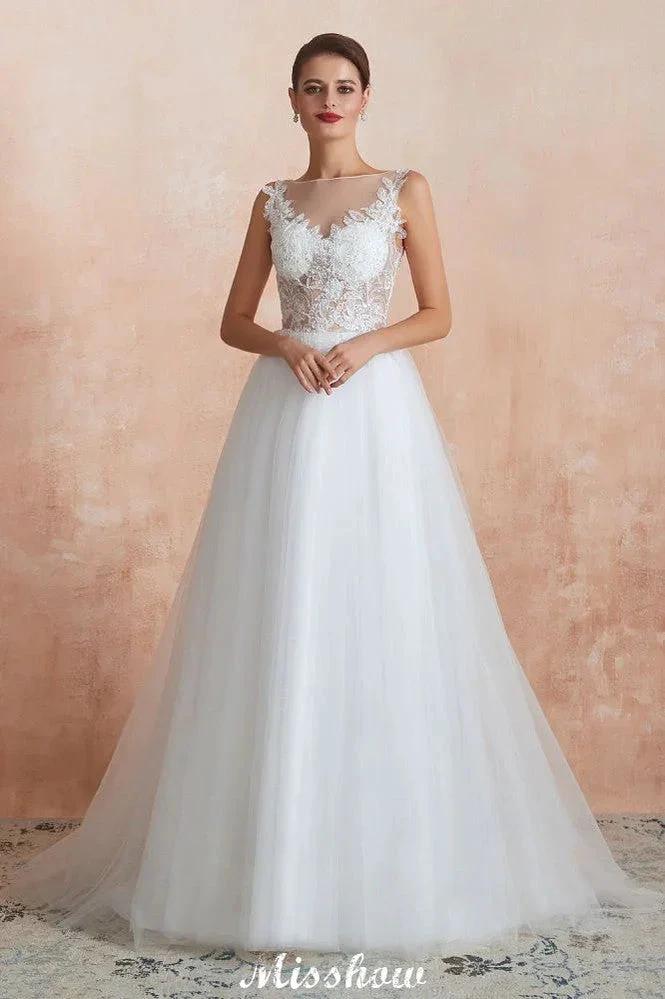 Beautiful Bateau Neck White Wedding Dress Sparkly Sequins Lace Bridal Gown by misshow.com